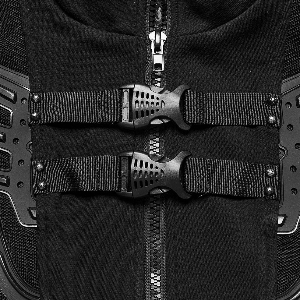 Macro close-up of black vest front closure featuring dual locking buckles and metal zipper
