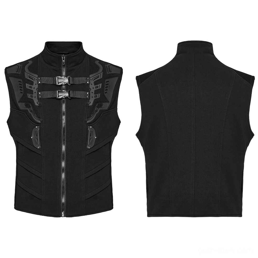 Black cyberpunk tactical vest front and back flat lay display all-black sleeveless design