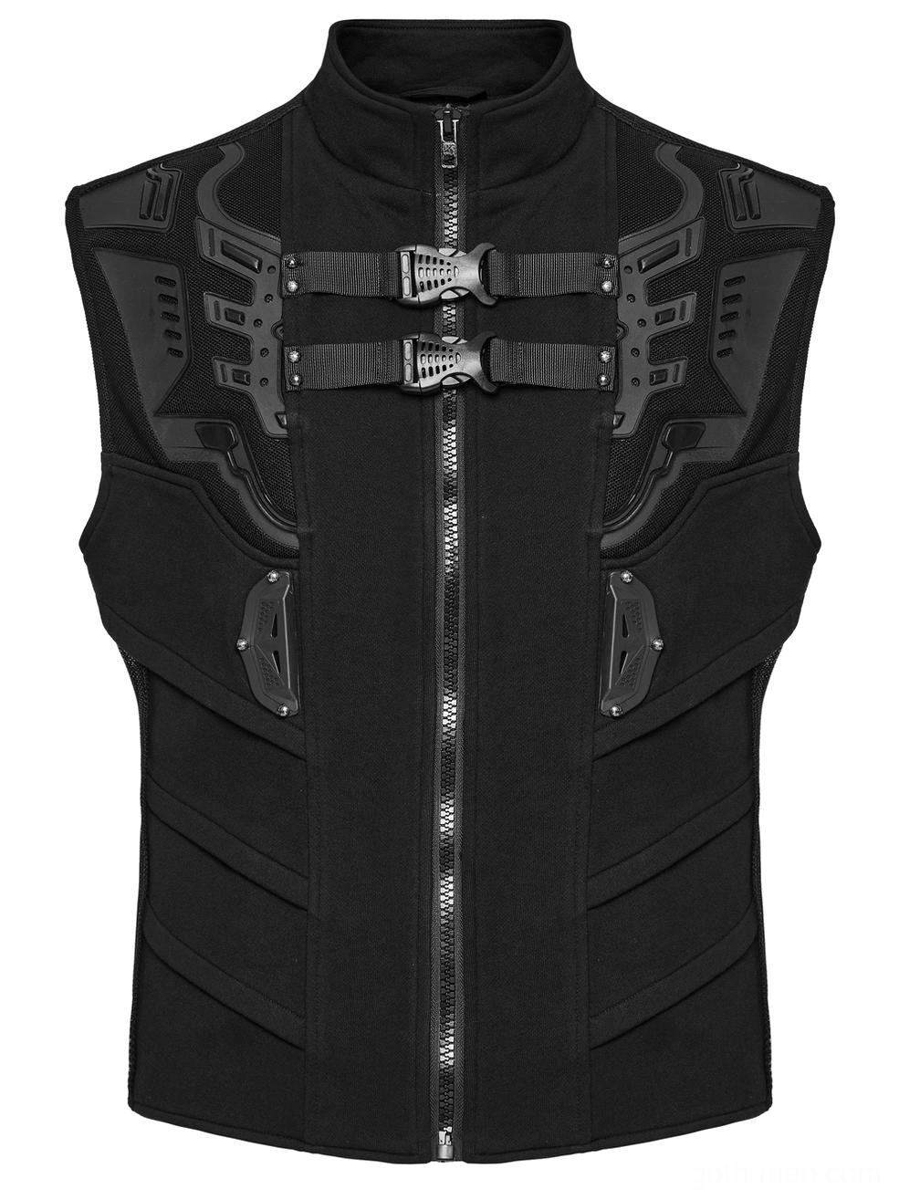 Overhead front view of black tactical vest showing dual grid buckles and full front zipper