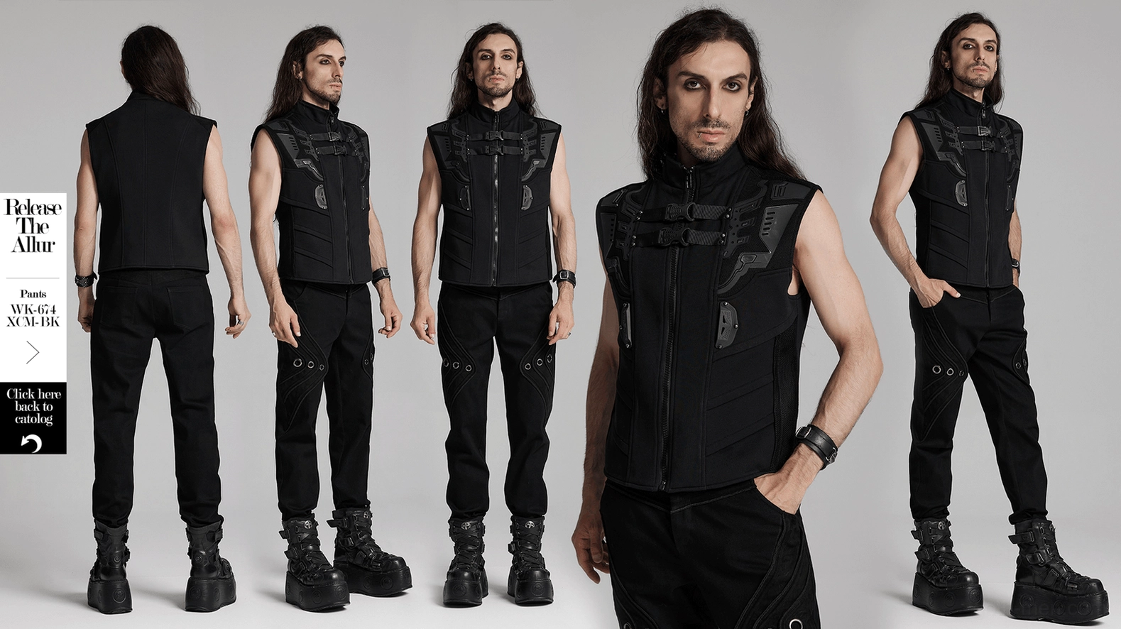 Black elastic tactical vest complete front view highlighting stand collar and dimensional design
