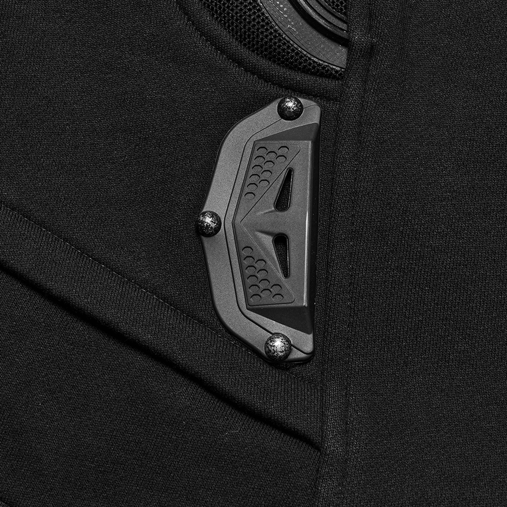 Black elastic tactical vest full body display showing silhouette fit and armor proportions