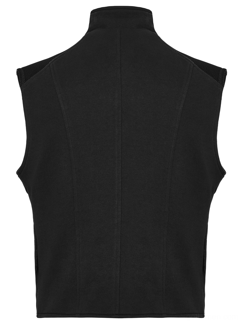 Overhead rear view of black tactical vest showing clean stitched seams and solid fabric