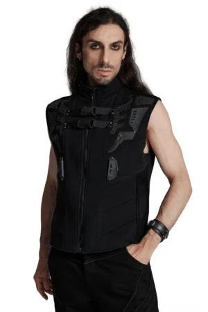 Black elastic tactical vest with 3D rubber armor details front three-quarter view on model