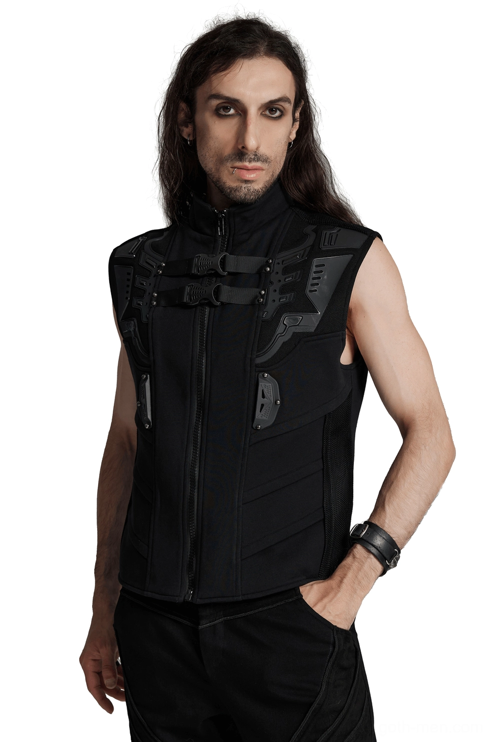 Black elastic tactical vest with 3D rubber armor details front three-quarter view on model