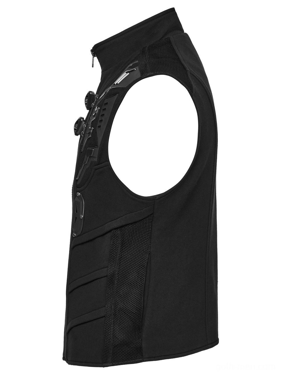 Left side profile view of black elastic vest with cut armhole and mesh side panels