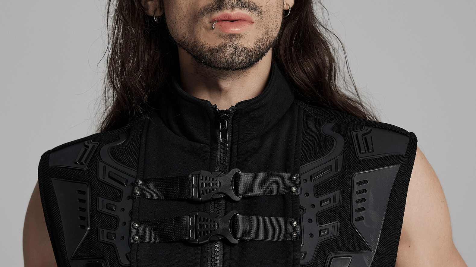 Black cyberpunk tactical vest detailed color and texture showcasing matte rubber armor accents