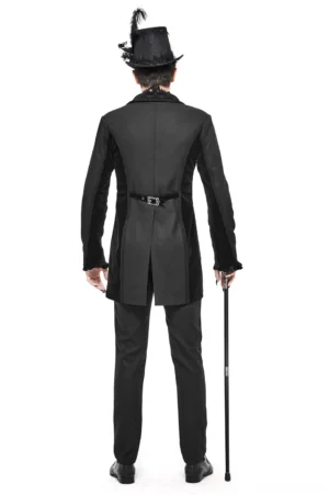 Gothic tail coat back view on model with cane accessory, displaying tailored waist belt and extended tail hem design