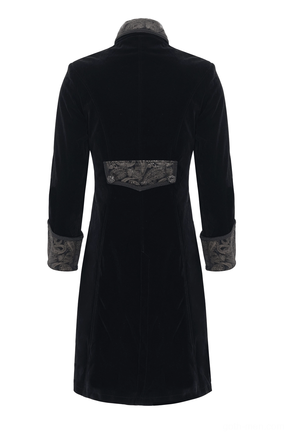 Black gothic tailcoat rear view mannequin display embroidered back waist baroque embellishment