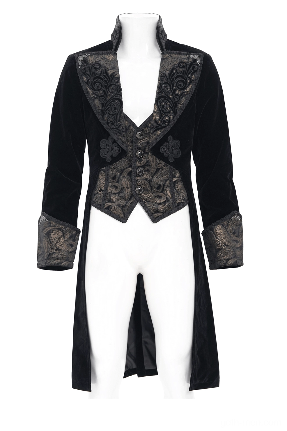 Black gothic tailcoat mannequin display front closure with ornate metal buttons and stand-up collar