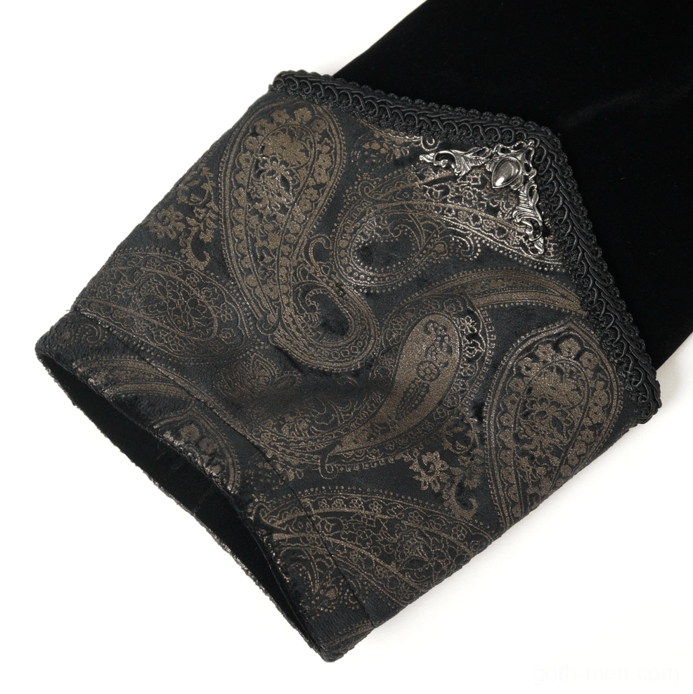 Black gothic tailcoat cuff and sleeve detail showing embellishment and structured edge finishing