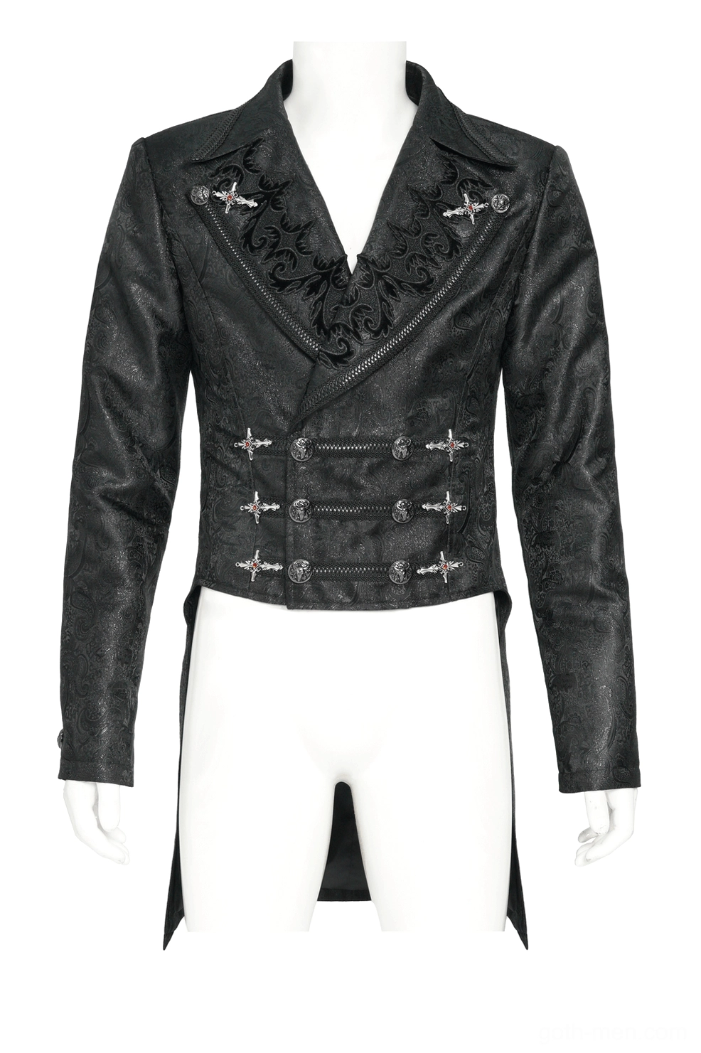Black gothic tailcoat displayed on male mannequin - full front view emphasizing double-breasted cross buckle closures and structured silhouette