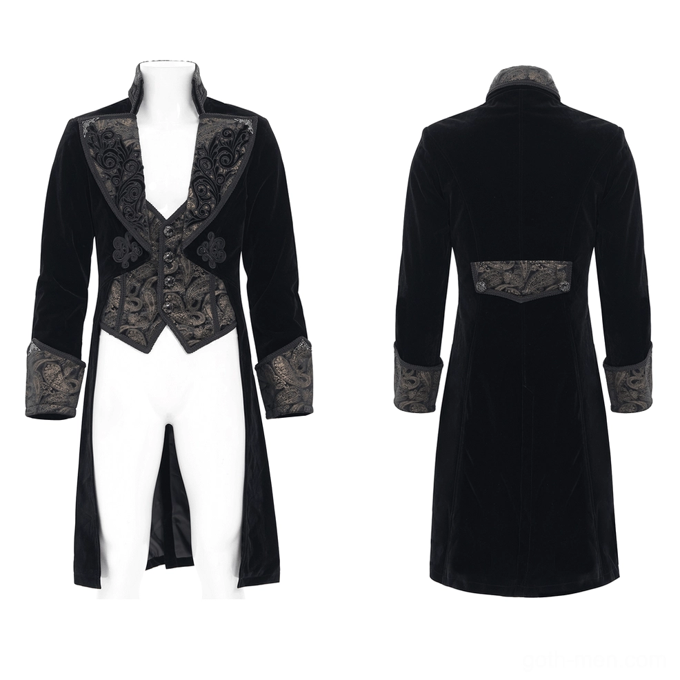 Black velvet tailcoat on dress form displaying ornate collar and fitted silhouette baroque details