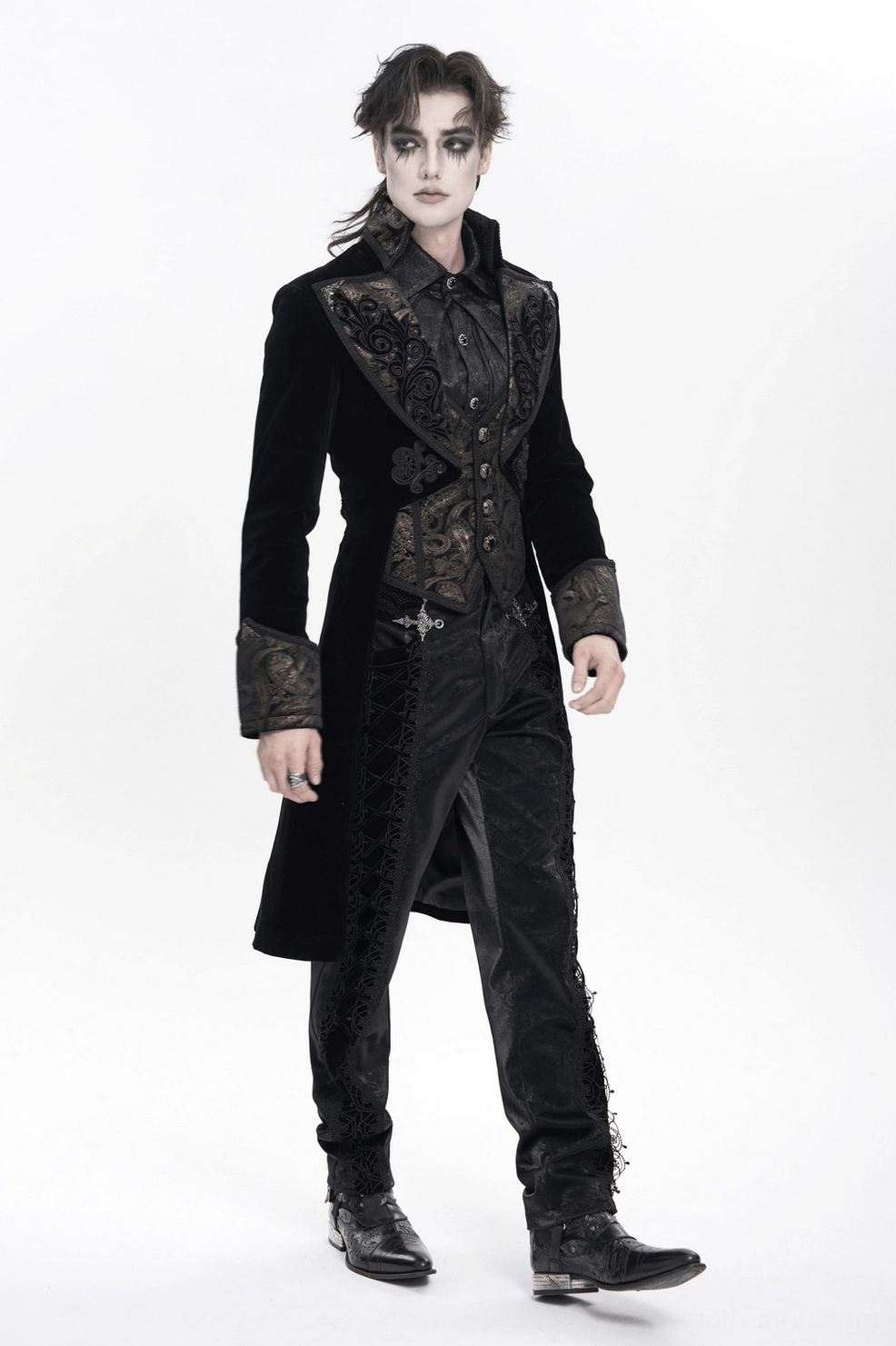 Black tailcoat front three-quarter angle showing chest embroidery and ornate buttons detail
