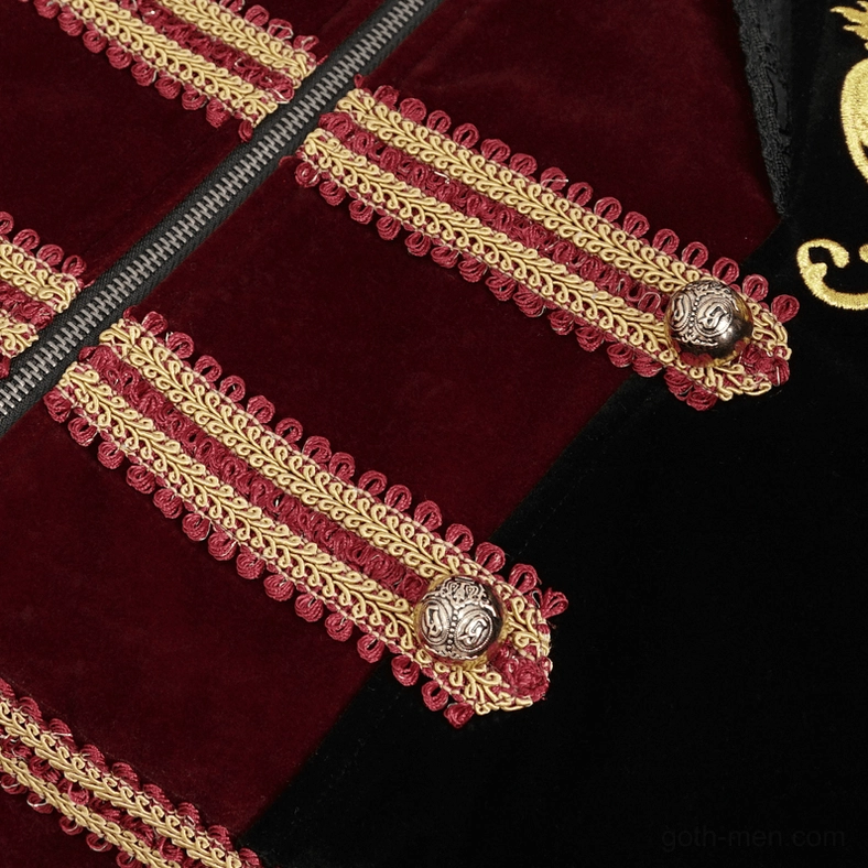 Black tailcoat with stand-up collar gold embroidery and red accent detail overall composition