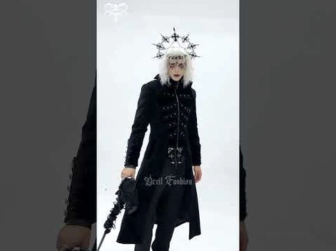 Black Victorian gothic tailcoat front full body shot on model with crown, featuring multi-stud decoration and fitted long cut