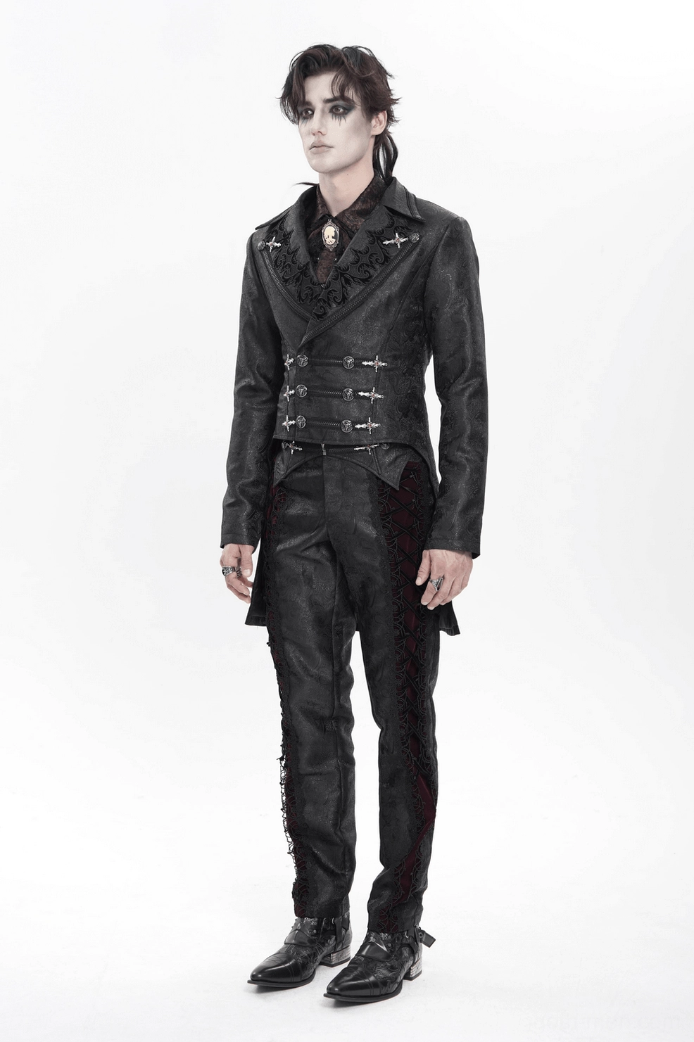 Black gothic tailcoat back angled view - male model wearing jacket showing rear lace-up corset back and extended back hem design