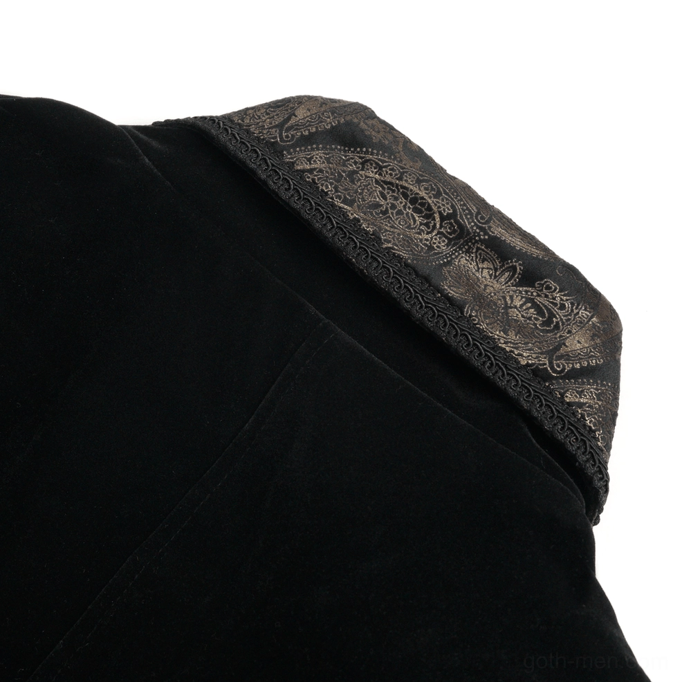 Black gothic tailcoat front lapel embroidery showing patterned decoration and bronze detail work