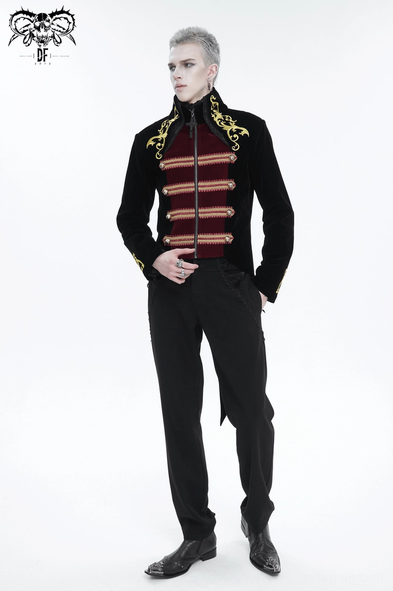 Black tailcoat featuring ornate gold embroidery red velvet panels and decorative buttons
