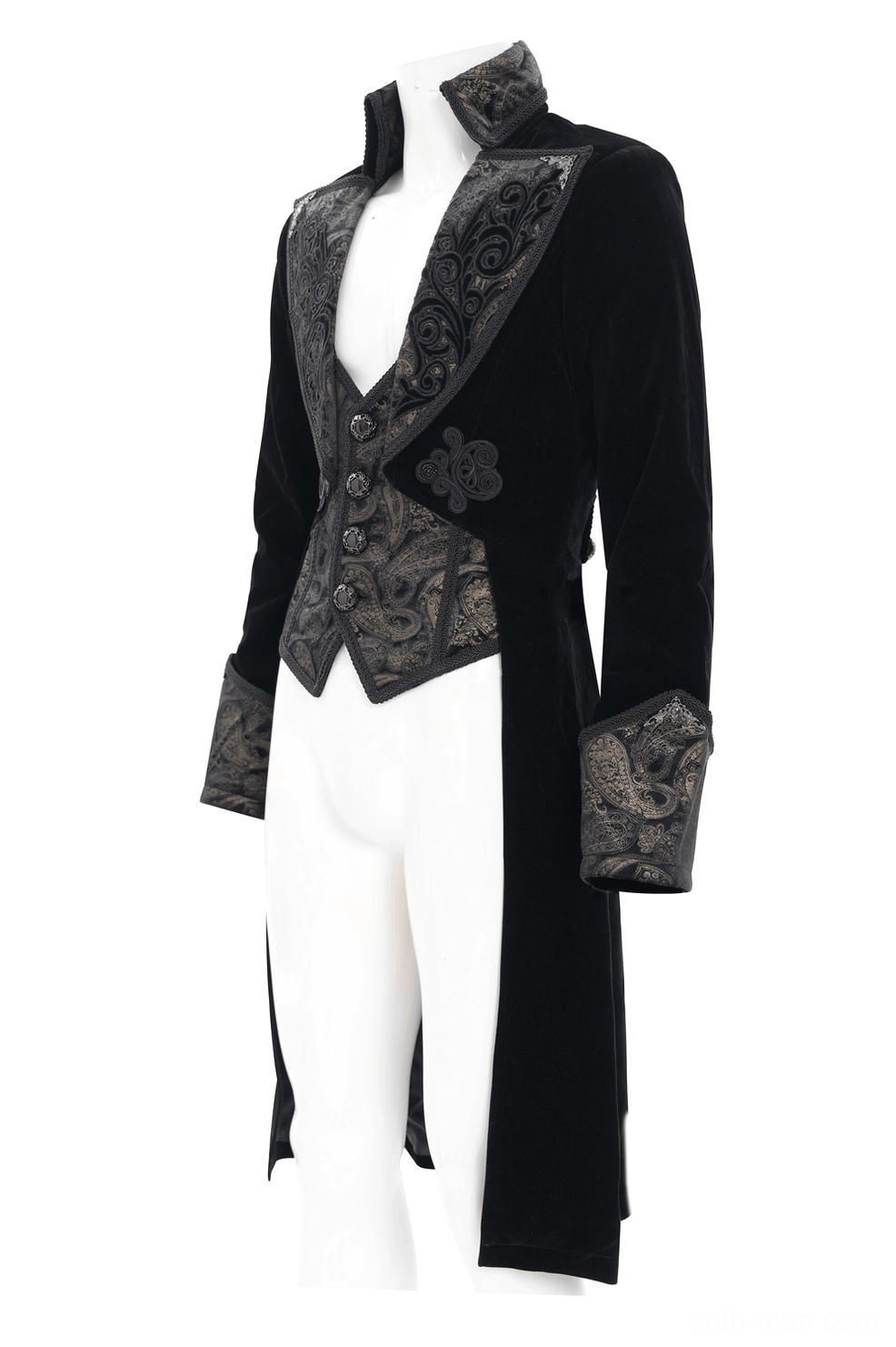 Black tailcoat side profile showing fitted waist and long back train hem tailoring