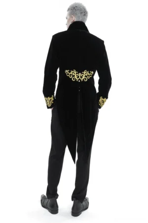 Gothic tailcoat rear view showing split tail hem and gold embroidery details