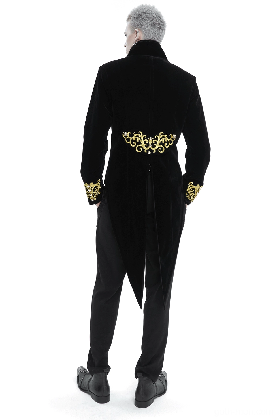Gothic tailcoat rear view showing split tail hem and gold embroidery details