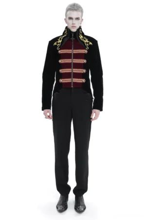 Black Victorian tailcoat with stand-up collar and gold embroidery front view on male model