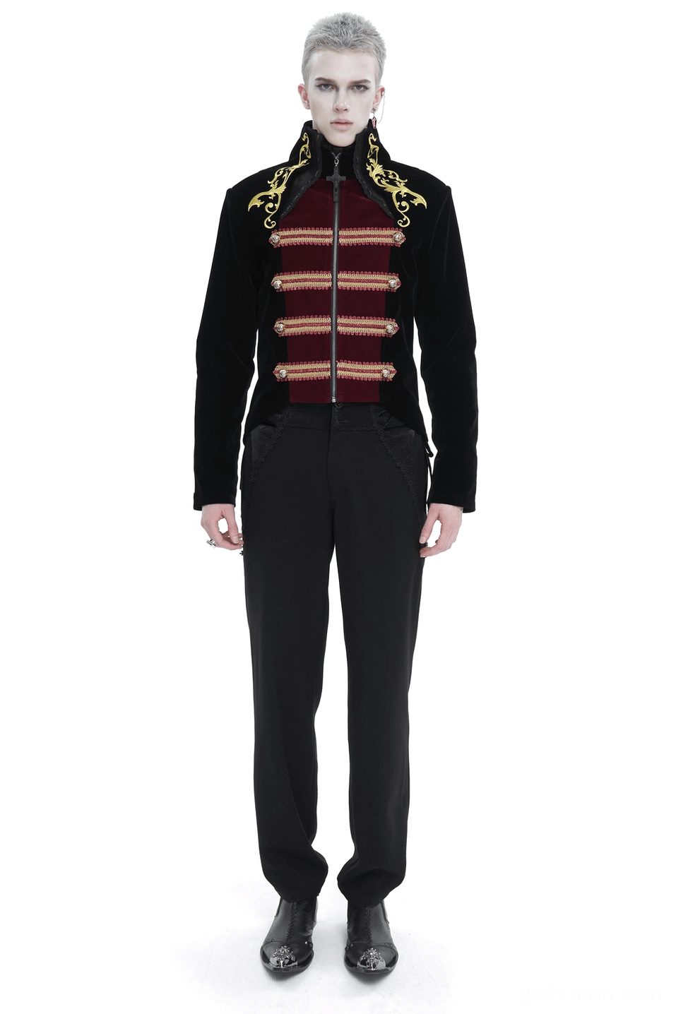 Black Victorian tailcoat with stand-up collar and gold embroidery front view on male model