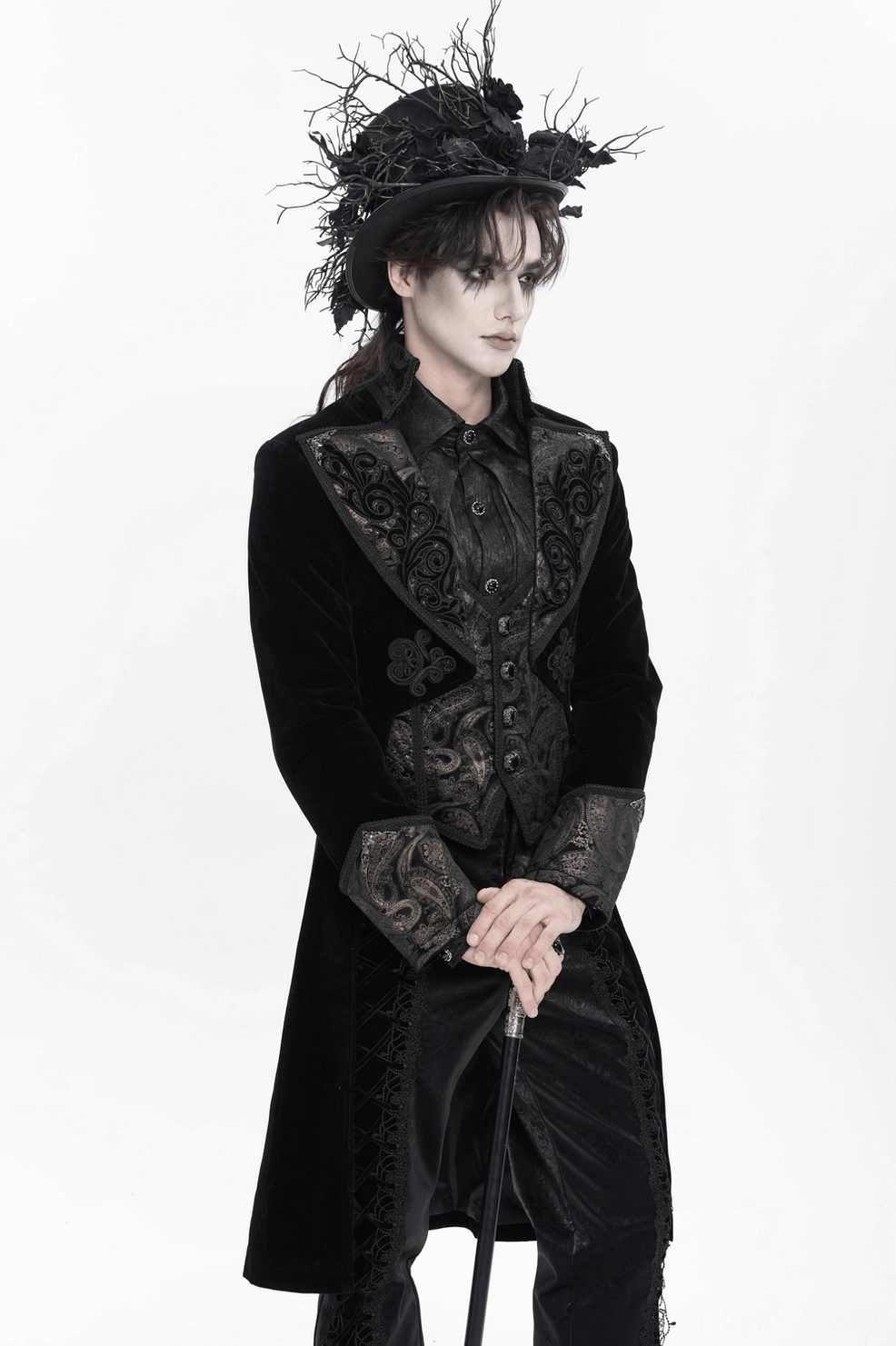 Black gothic tailcoat three-quarter view mannequin display showing overall silhouette fit
