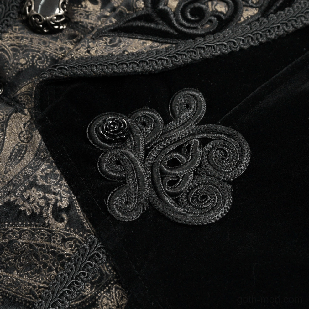 Black velvet gothic tailcoat fabric swatch showing sheen texture and baroque embroidery work