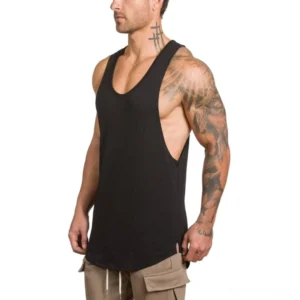 Men's black sleeveless singlet tank top right front view with deep U-neck and low arm openings