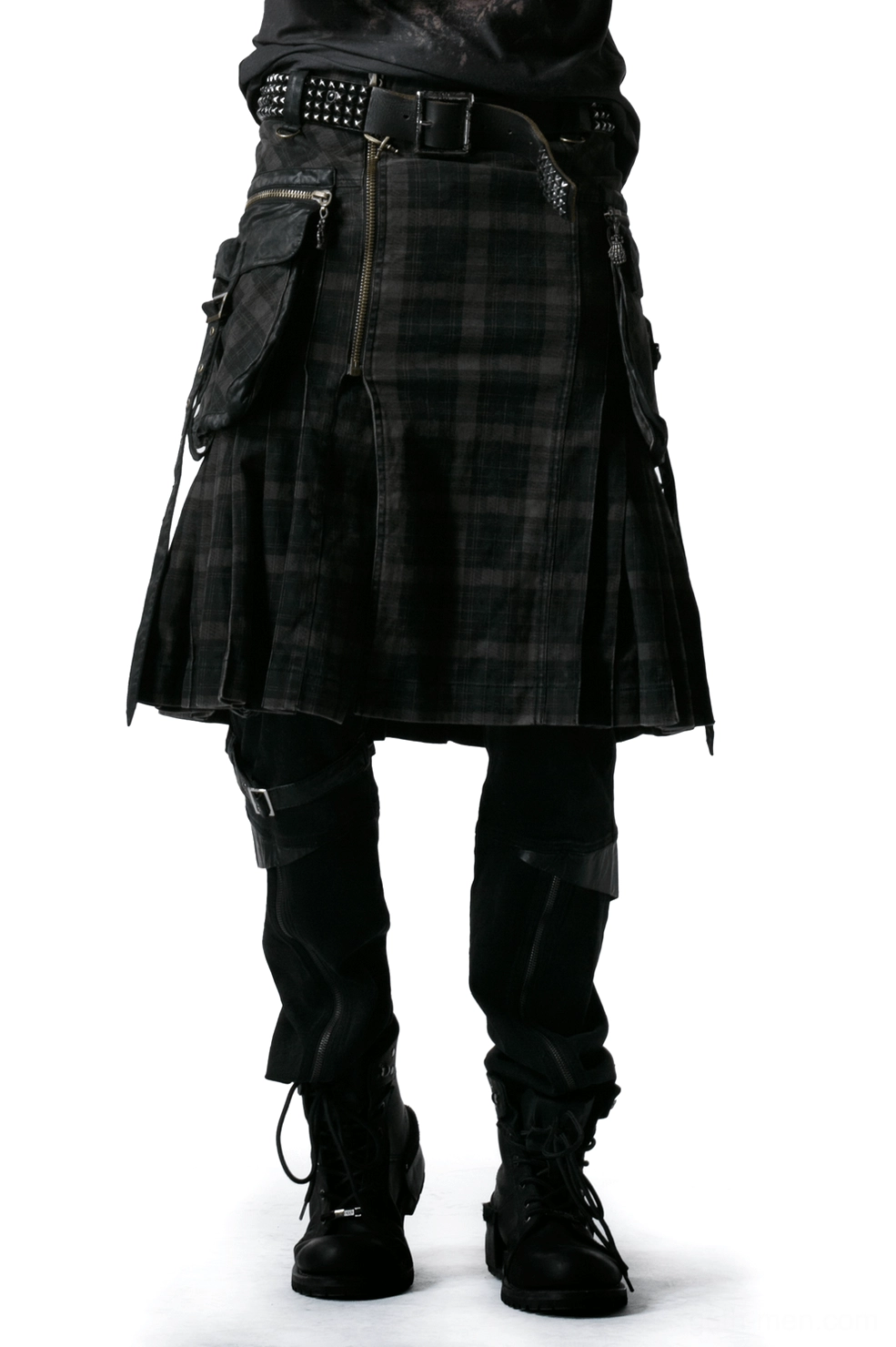Black tartan cargo kilt front view worn by male model with detailed zipper and pleated design