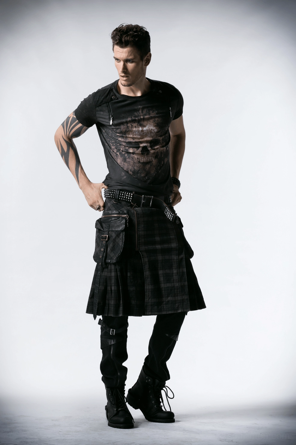 Black tartan cargo kilt product overview showing key features and design elements