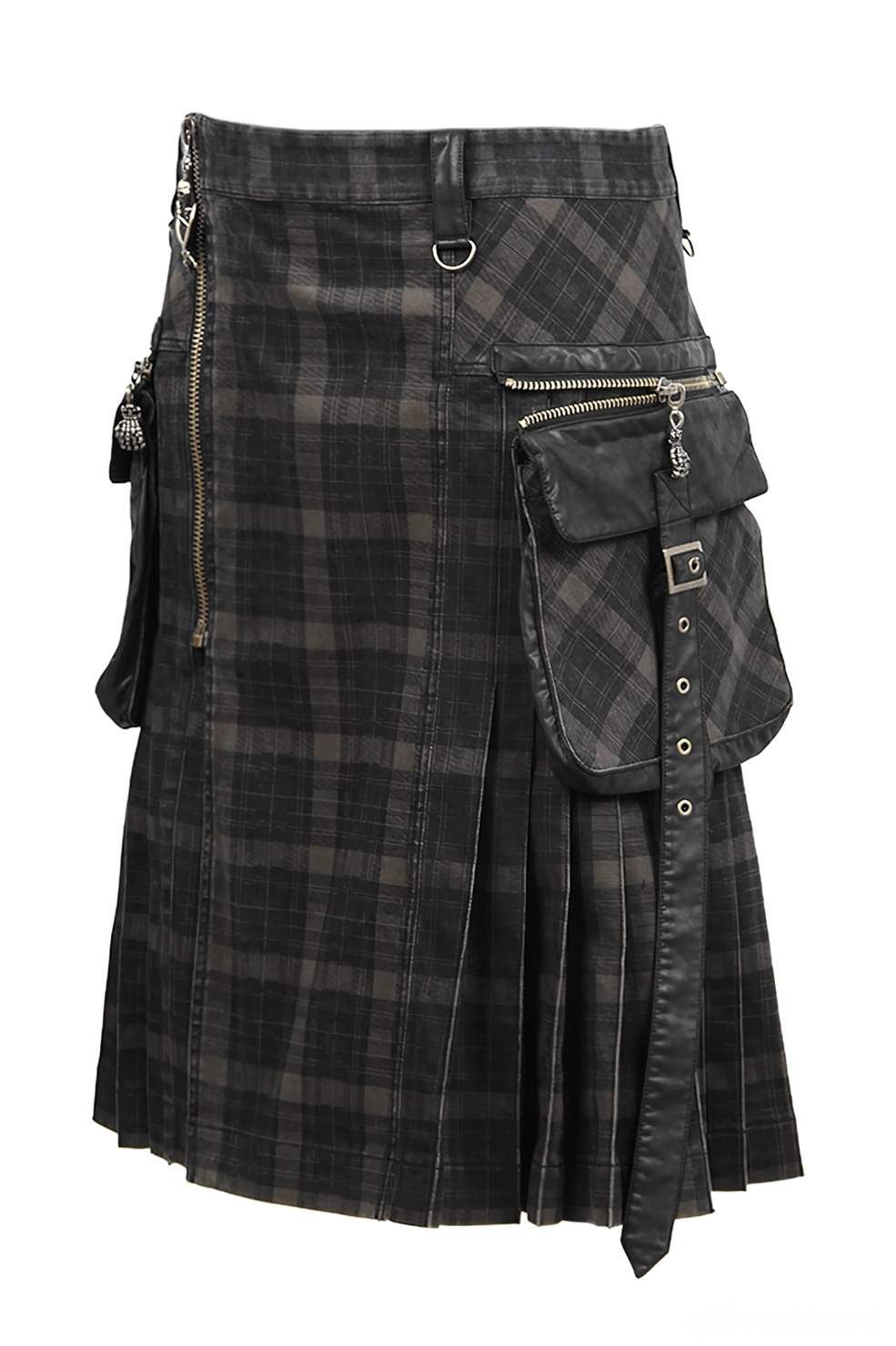 Side profile view of black tartan kilt showing front zipper and large cargo pockets with straps