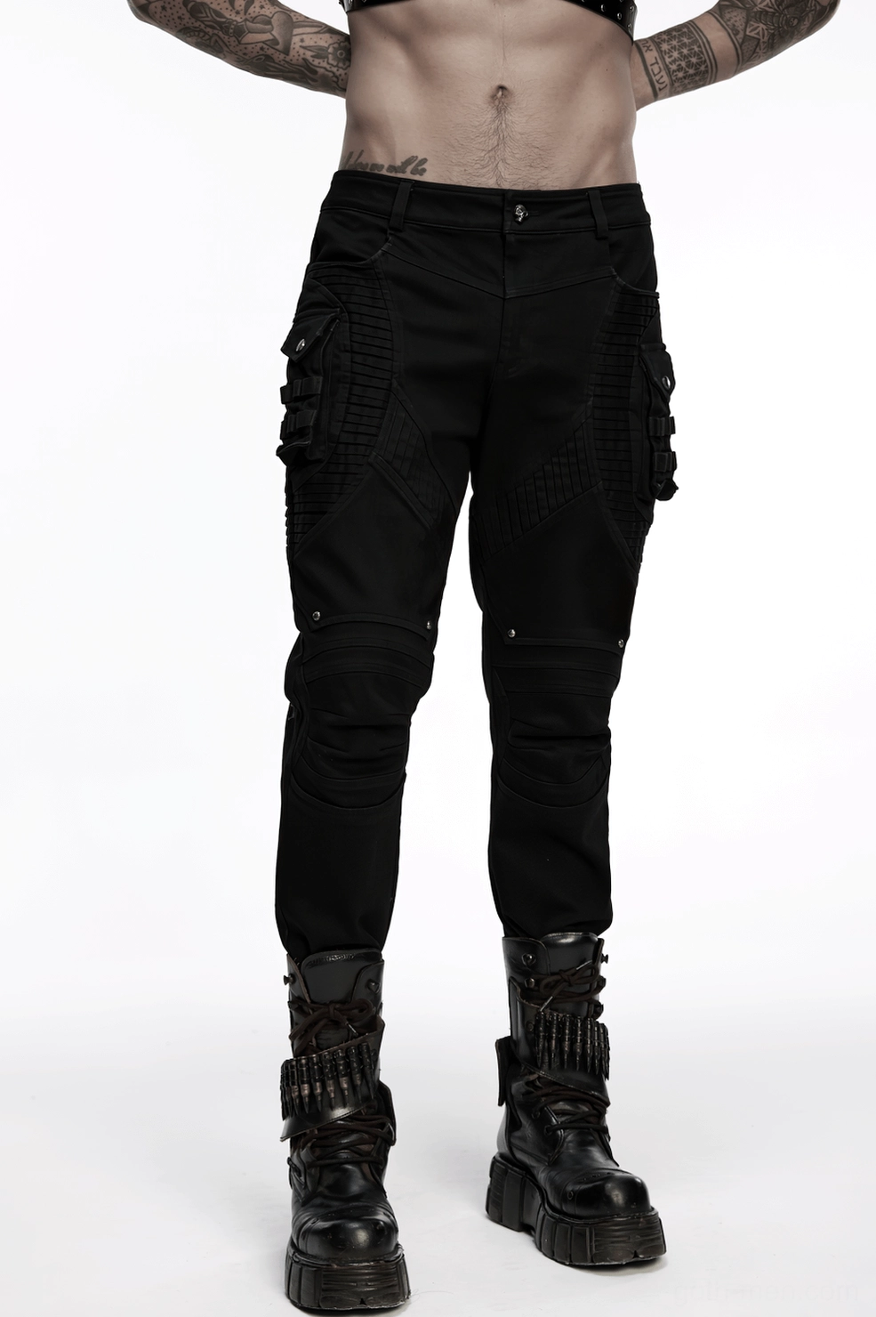Black techwear pleated pants texture detail showing denim quality and pleat precision