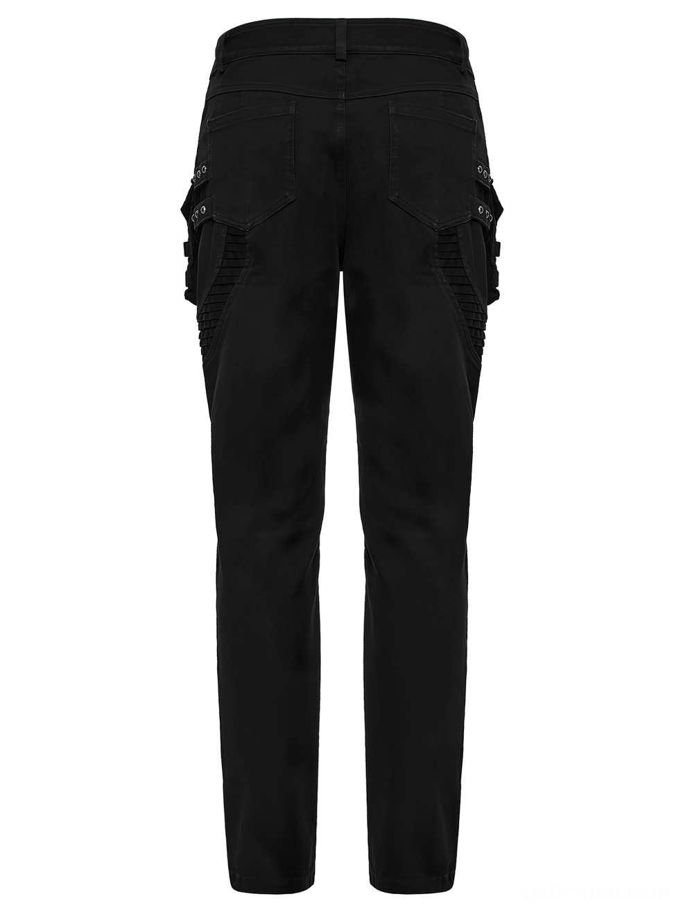 Black techwear pants rear flat lay with dual back pockets and slim-fit silhouette