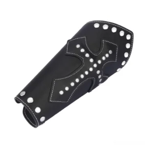 Black leather Templar arm guard side angle view with metal rivet cross and stitched edges