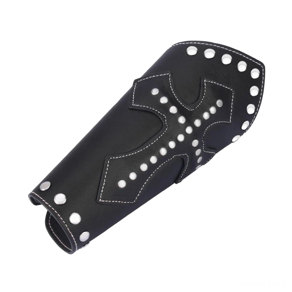 Black leather Templar arm guard side angle view with metal rivet cross and stitched edges