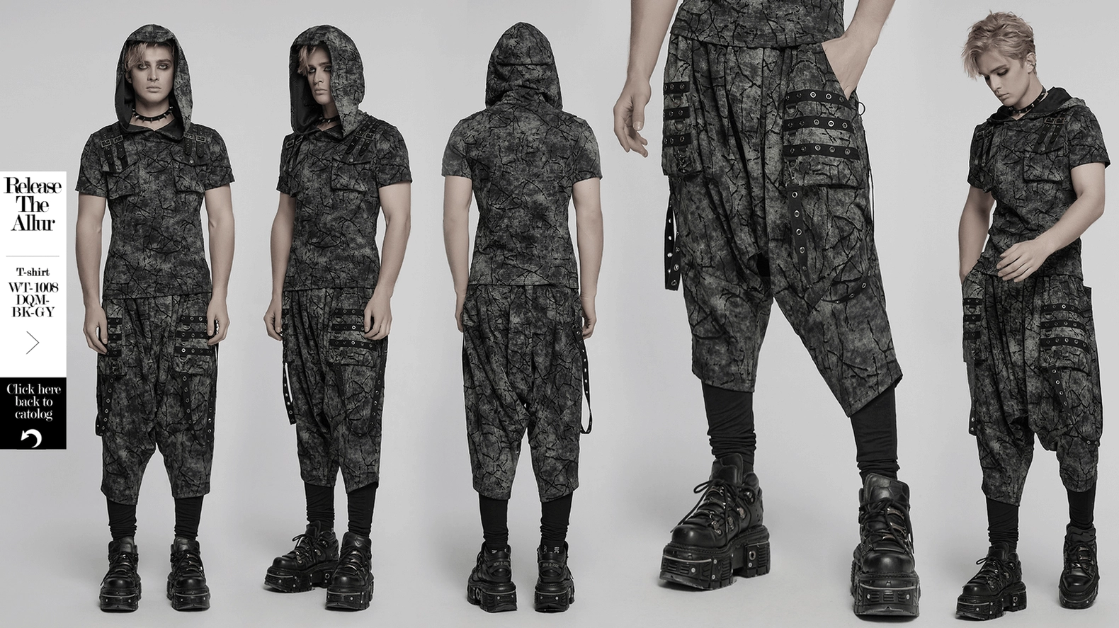Black cracked tie-dye gothic harem pants main product image displaying eyelet cargo pockets and drop crotch design