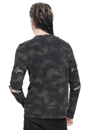 Rear view of black tie-dye gothic long sleeve top with sleeve cutout straps on male model