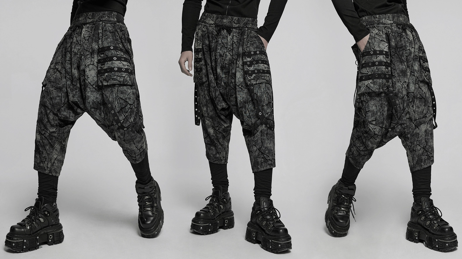 Black cracked tie-dye harem pants product display showing front and side silhouette of drop crotch cut