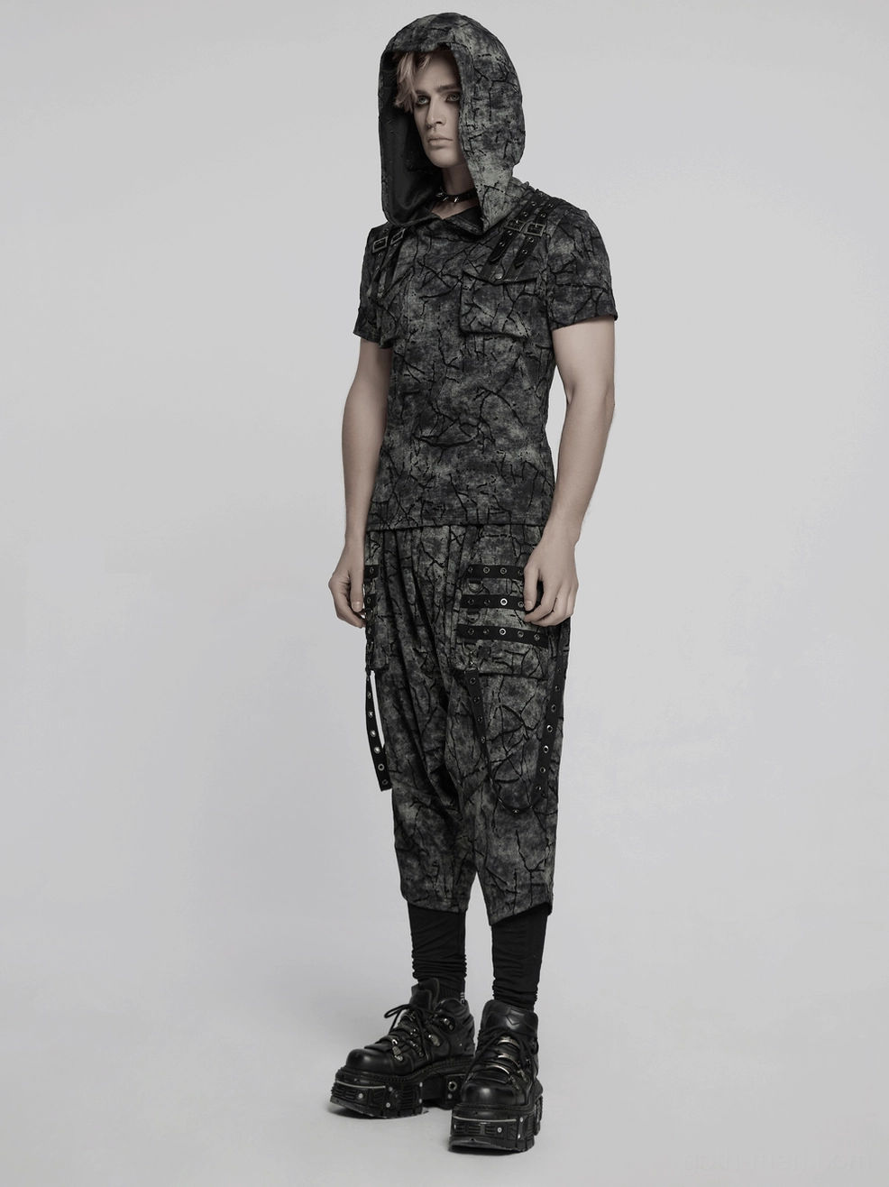 Black cracked tie-dye harem pants full view showing complete drop crotch silhouette and cargo pocket design