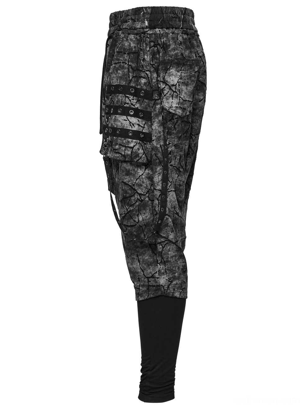 Side flat lay of black cracked tie-dye gothic pants displaying eyelet strap pocket design and drop crotch silhouette