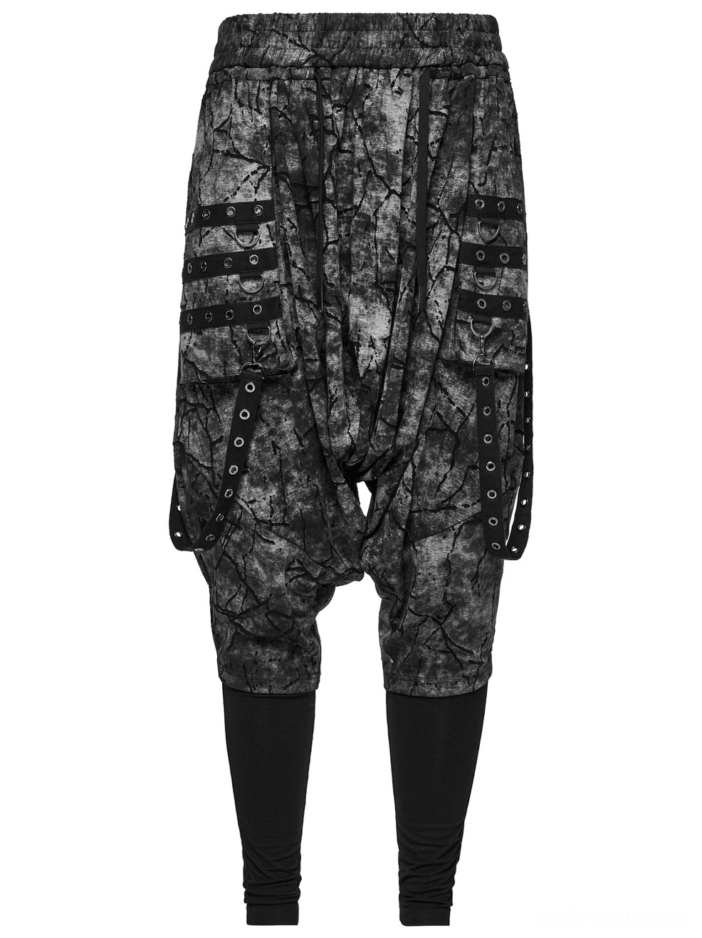 Black tie-dye harem pants front flat lay showing cracked print pattern and multi-strap eyelet cargo pockets