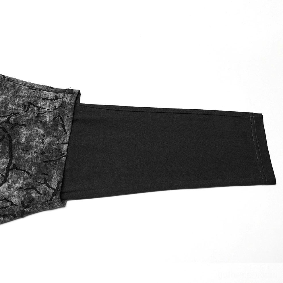 Black tie-dye gothic harem pants leg section flat lay showing two-layer design with textured outer and solid inner fabric