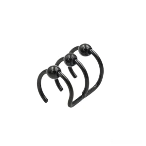 Triple hoop gothic stainless steel nose piercing in polished black, flat lay overhead view showing connected curved hoop design