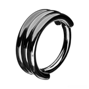 Black stainless steel triple-layer hinged nose ring - close-up side angle showing polished stacked bands and segment clicker closure