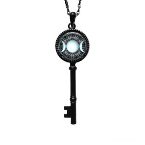 Black Triple Moon Key of Solomon Gothic Necklace - Matte Black Metal Occult Pendant with Moon Phases and Sacred Geometry