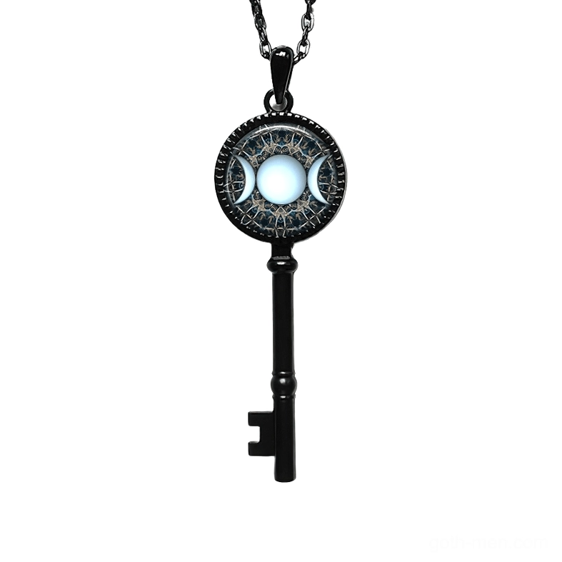 Black Triple Moon Key of Solomon Gothic Necklace - Matte Black Metal Occult Pendant with Moon Phases and Sacred Geometry