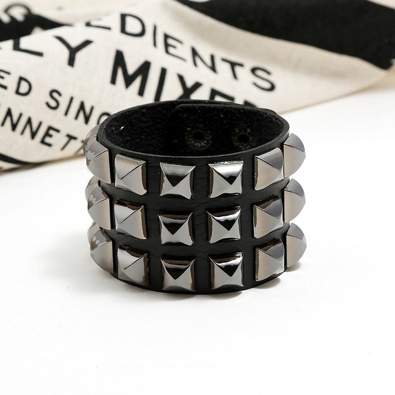 Black leather gothic cuff bracelet with triple pyramid studs - punk rock aesthetic