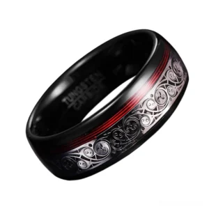 Black tungsten gothic ring with carved Celtic pattern and red stripe detail, side top view showing band width and depth